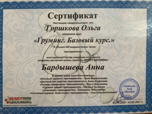 Сертификаты, подтверждающие профессионализм грумеров 